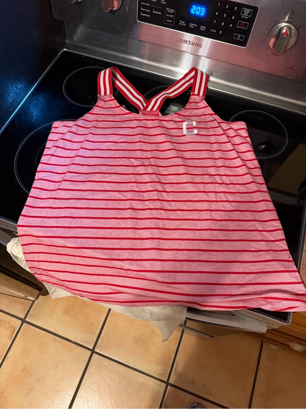 Antigua Cleveland Guardians Pink and Red Striped Racerback Tank